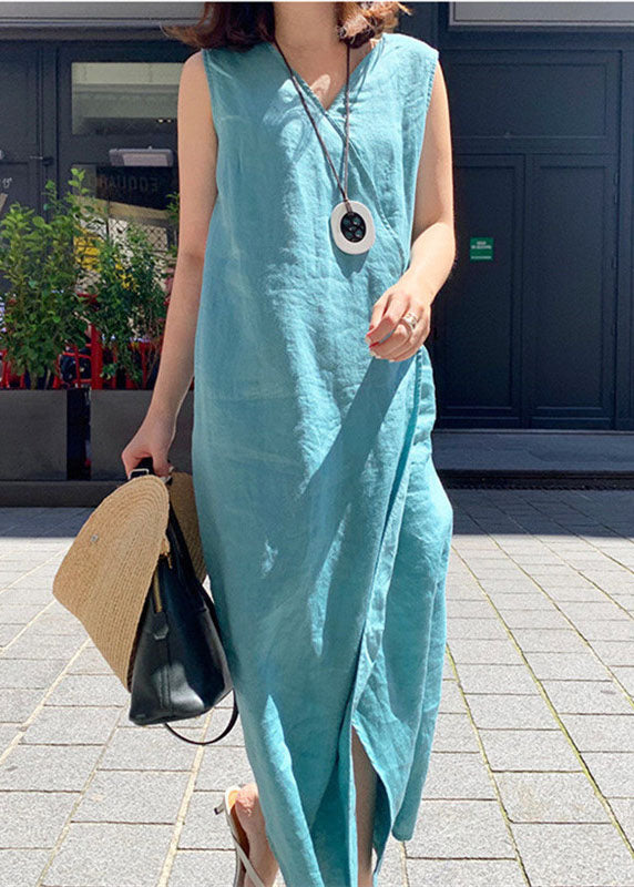 Blue Side Open Linen Long Dress Sleeveless