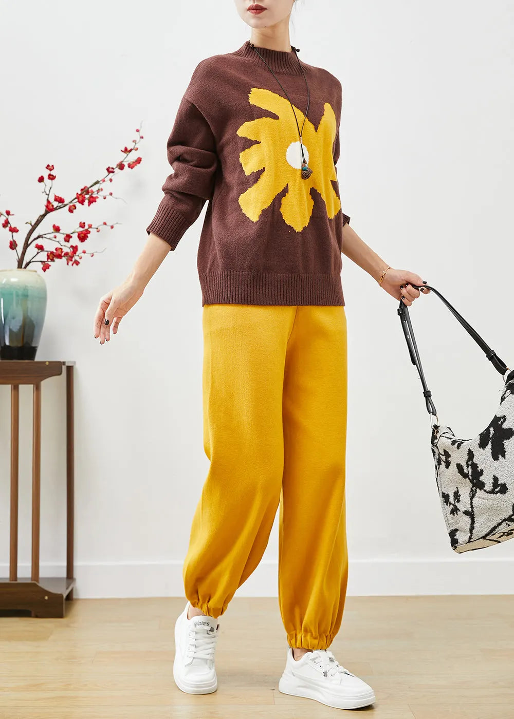 Coffee Oversized Print Knit Two Pieces Set Fall