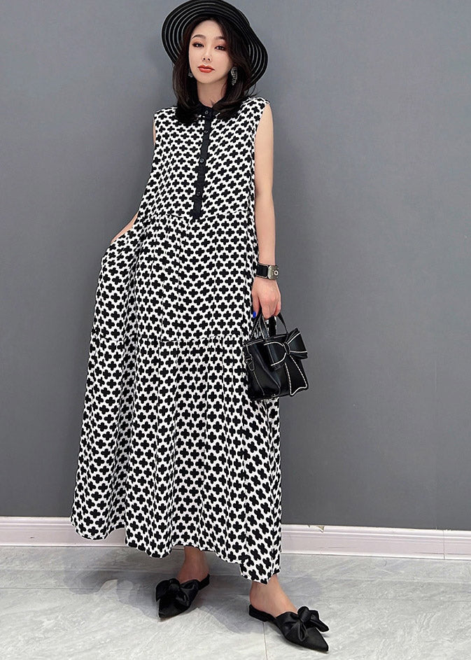 Black Peter Pan Collar Print Button Pockets Dress Sleeveless