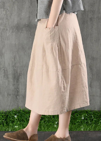 Khaki Elastic Waist Pockets Cotton Linen a Line Skirt Spring