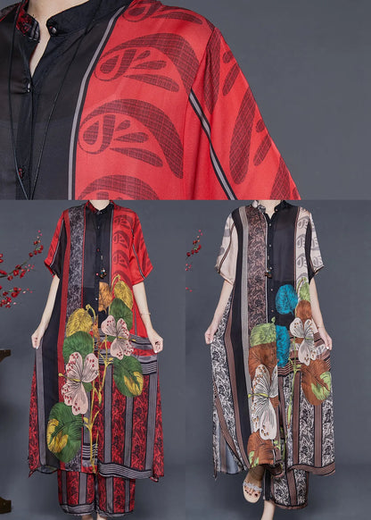 Boutique Red Oversized Print Silk Two-piece Set Summer