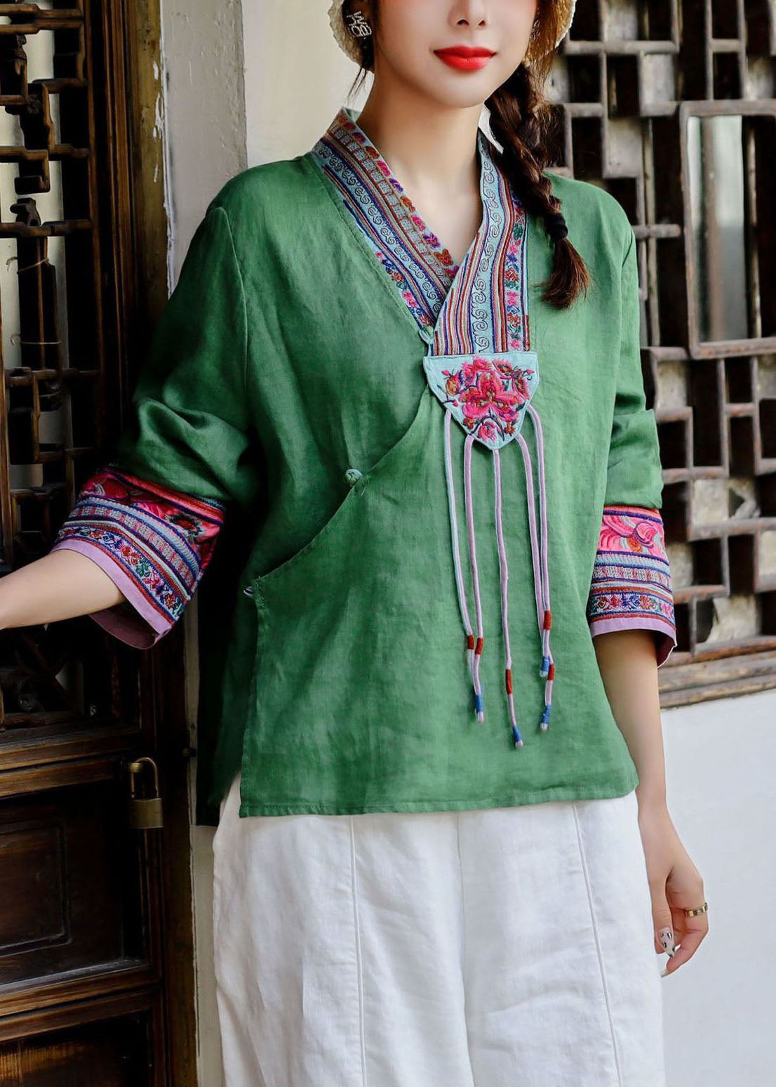 Style Red V Neck Embroideried Patchwork Linen Shirt Tops Spring