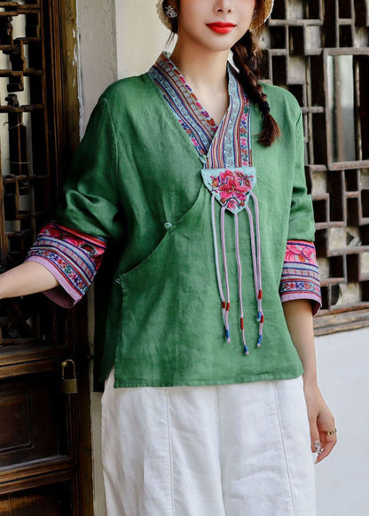 Style Red V Neck Embroideried Patchwork Linen Shirt Tops Spring