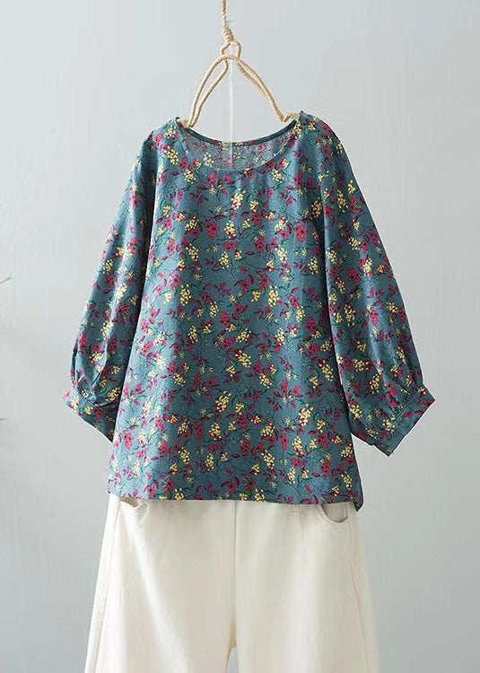 Fitted Blue O-neck Print Shirt Top Long Sleeve