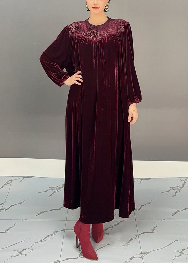 Loose Purple Red O Neck Silk Velour Maxi Dress Fall