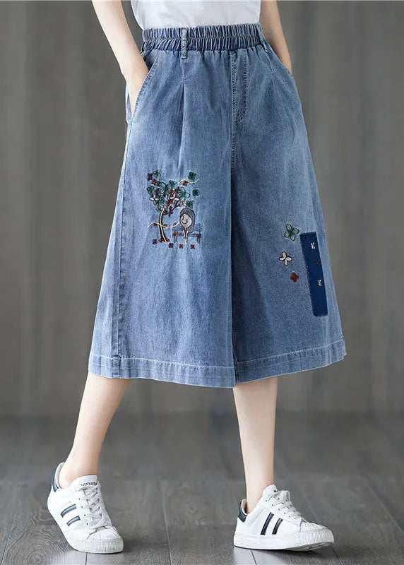 Denim Blue Elastic Waist Embroideried Cotton Wide Leg Pants Summer