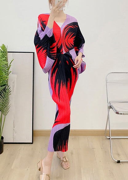 Red V Neck Print Wrinkled Vestidos Dress Long Sleeve