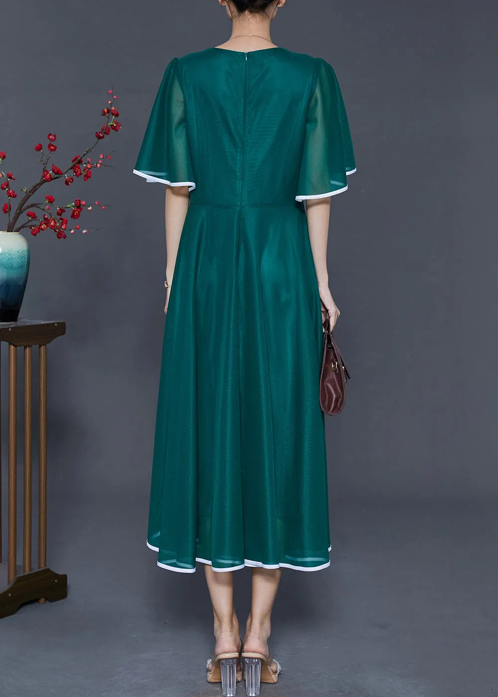 Peacock Green Embroidered Silk Long Dresses Summer