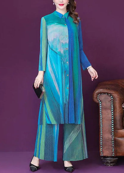 Blue Peter Pan Collar Tie Dye Silk Two Piece Set Long Sleeve Fall