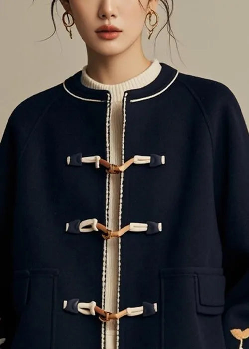 Navy O-neck Button Print Cotton Coat Fall