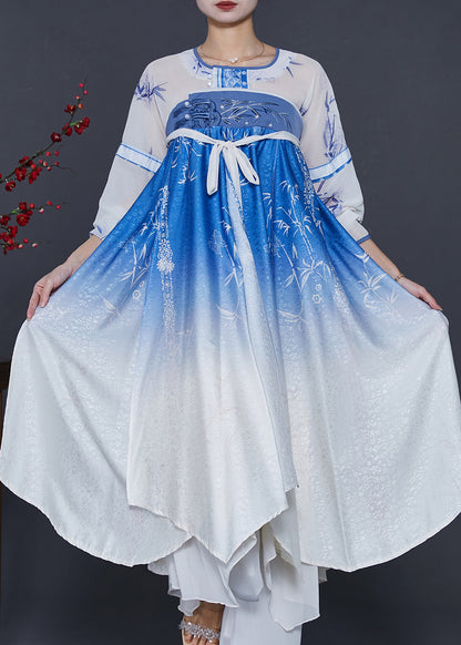 Style Blue Print Gradient Color Silk Dresses Summer