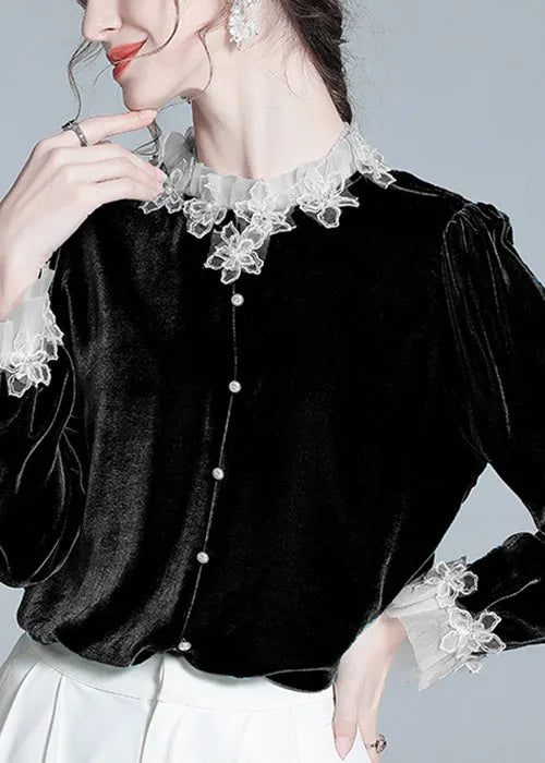 Blue Button Patchwork Silk Velour Top Winter