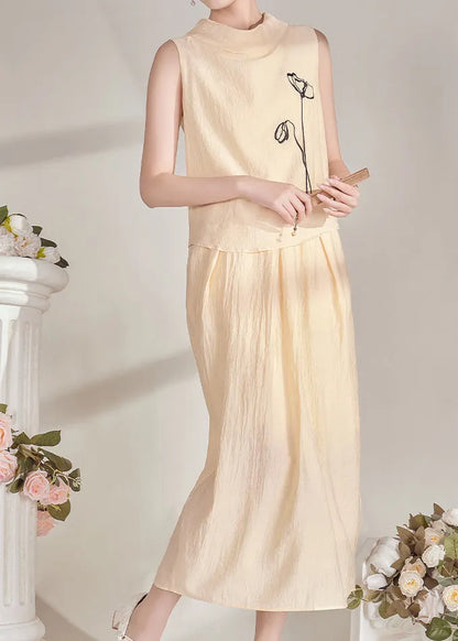 Chinese Style Light Yellow Turtleneck Top and Maxi Skirts Two Pieces Set Summer