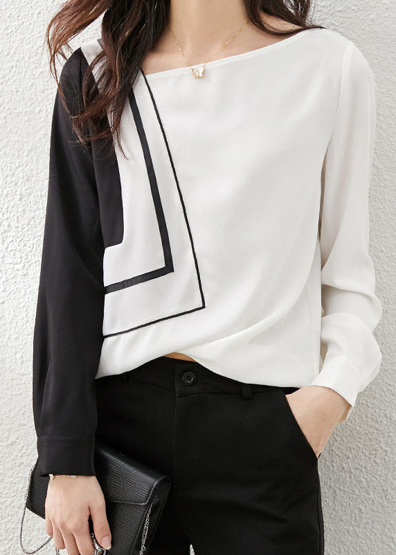 Black White Asymmetrical Design Patchwork Chiffon Top Long Sleeve