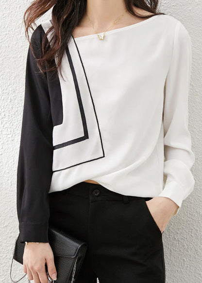 Black White Asymmetrical Design Patchwork Chiffon Top Long Sleeve