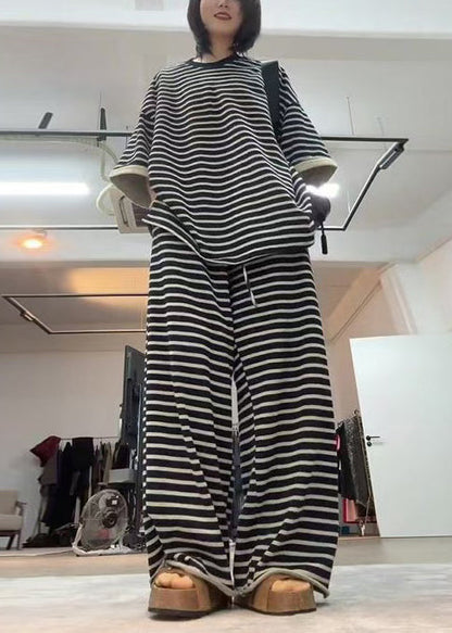 Black Oversized Striped Cotton Two Pieces Set Fall