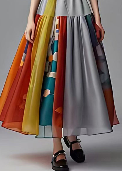 French Grey O-neck Print Wrinkled Chiffon Long Dress Summer
