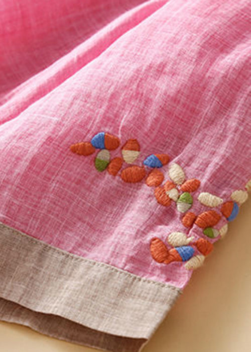 Pink Embroideried Patchwork Linen Shirt Dress Summer