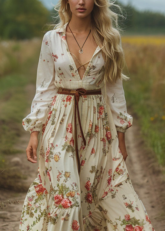 V Neck Print Long Sleeve Pastoral Dress Fall