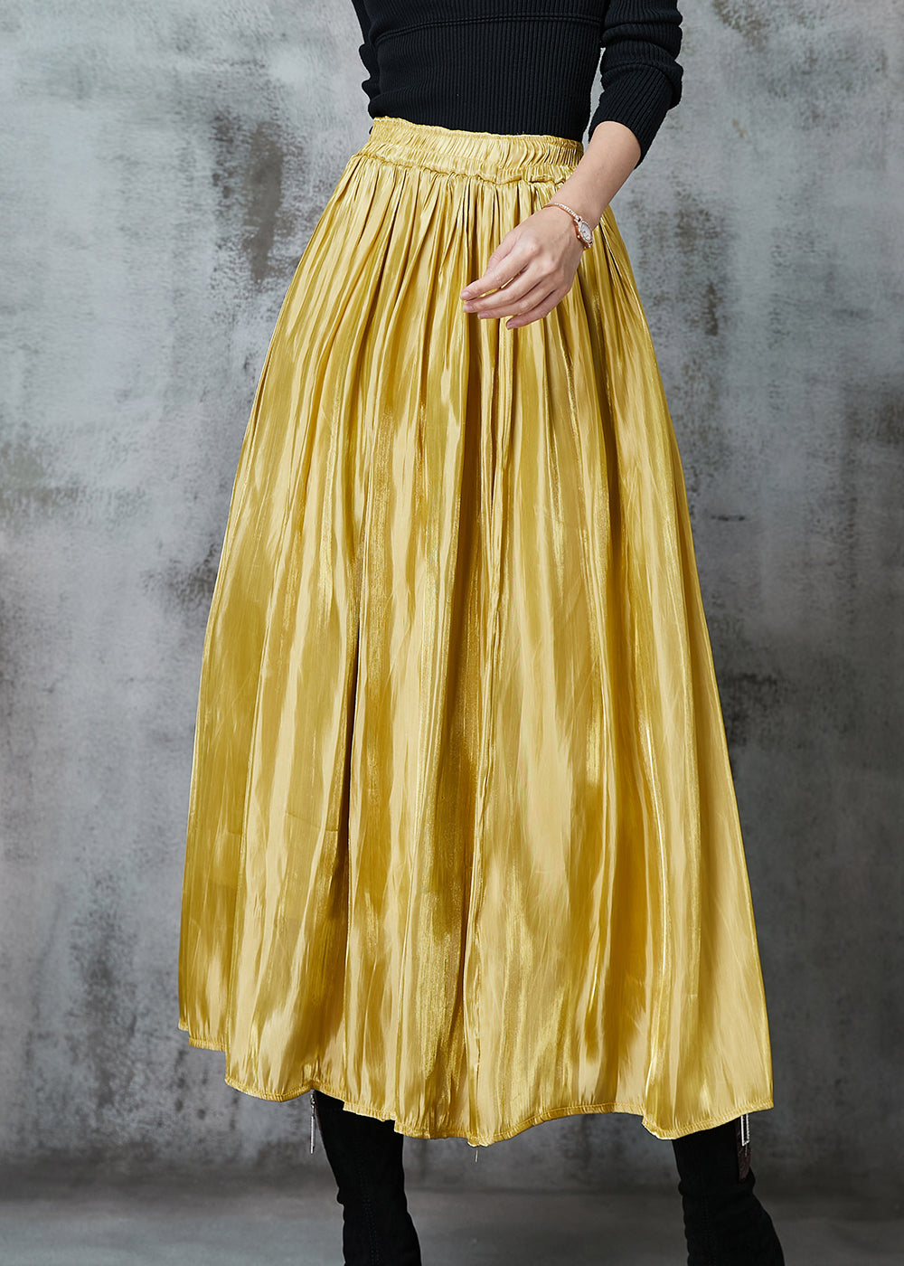 Yellow Exra Large Hem Silk Skirts Spring