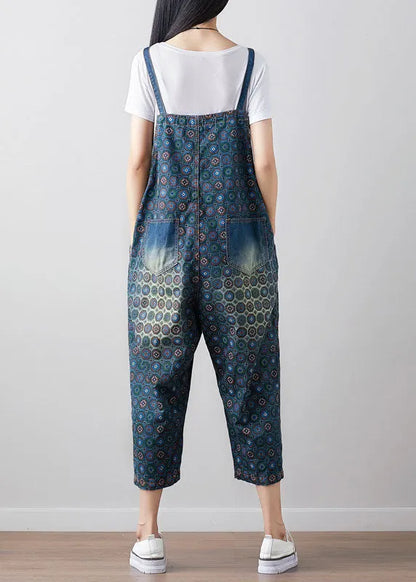 Loose Dark Blue Print Denim Jumpsuit Spring
