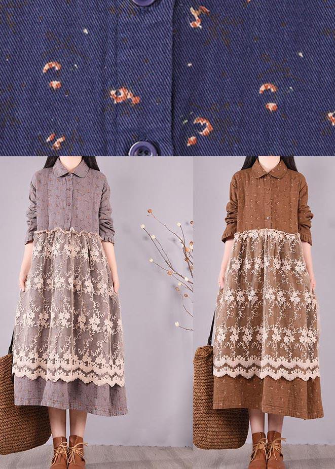 Organic Gray Print Wardrobes Patchwork Lace Long Spring Dresses
