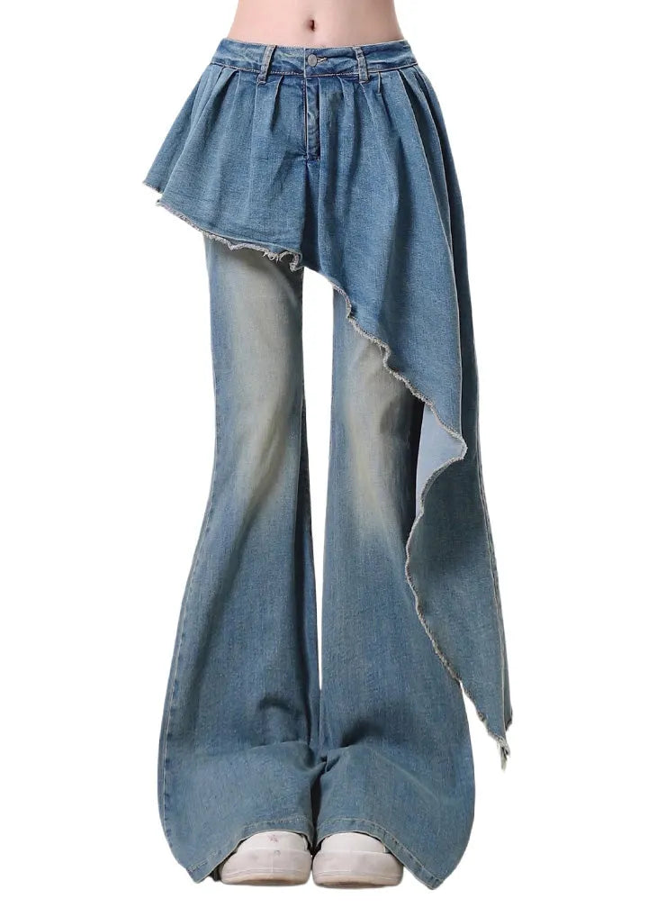 Blue Asymmetrical Patchwork Denim Flared Trousers Pants Spring