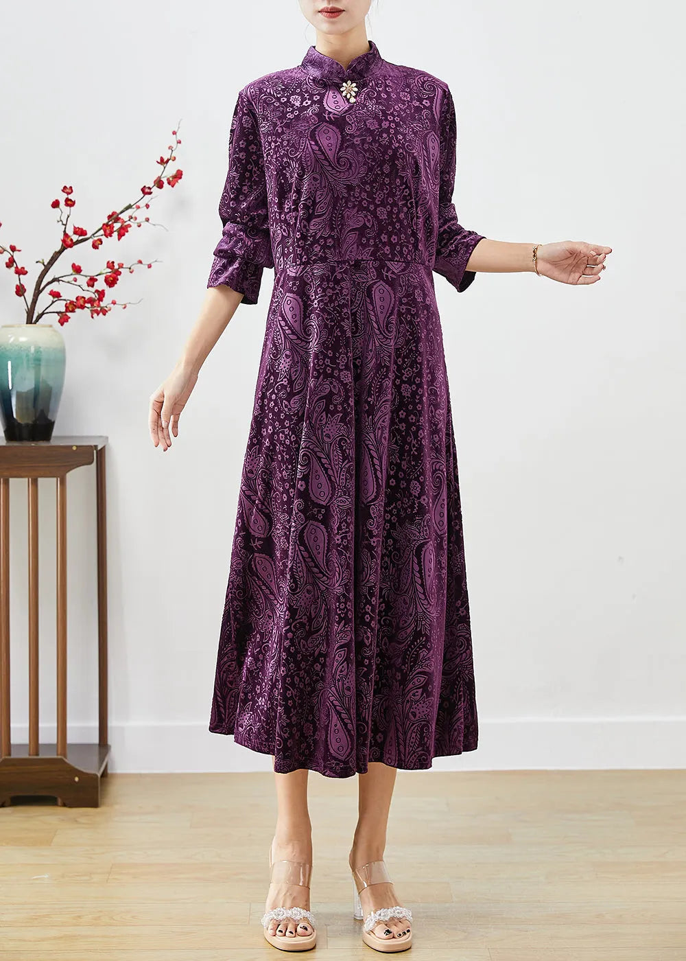 Purple Mandarin Collar Print Silk Velour Dresses Fall