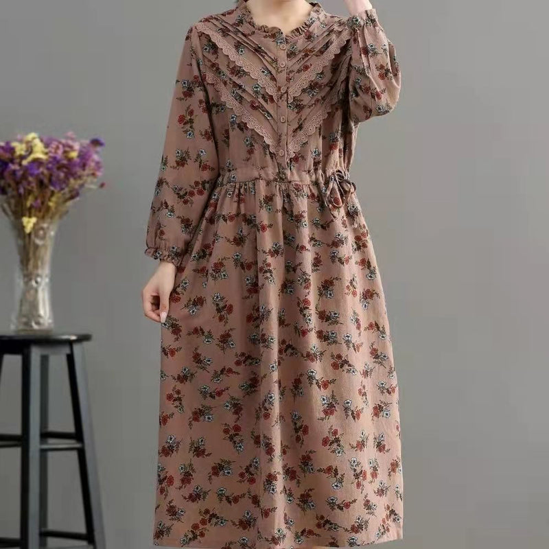Blue Pockets Print Loose Fall Maxi Dress Long Sleeve