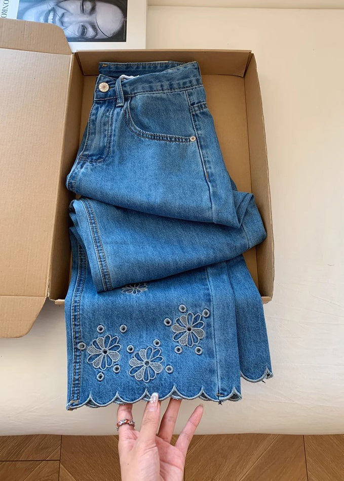 Blue Embroidered Denim Crop Pants Trousers Fall
