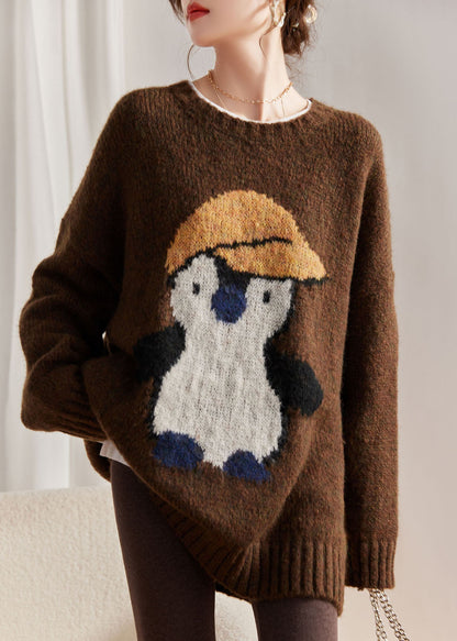 Jacquard Coffee O-neck Thick Cotton Knit Sweater Winter