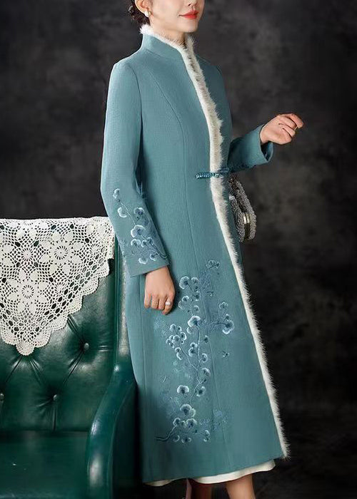 Blue Fur Collar Button Patchwork Cotton Long Coats Winter
