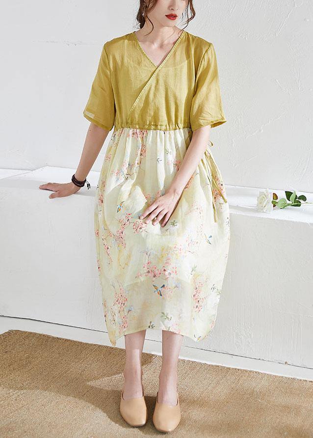 Natural Yellow Patchwork Print Summer Ramie Dresses Half Sleeve