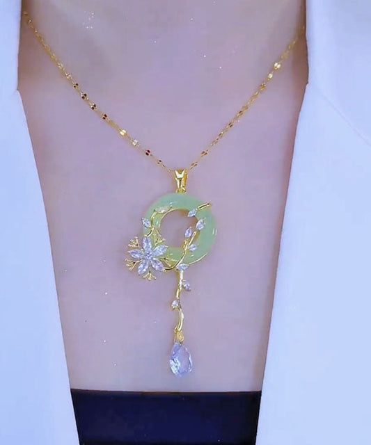 Light Green Stainless Steel Inlaid Crystal Jade Pendant Necklace