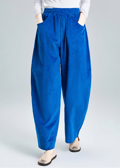 Blue Oversized Pockets Corduroy Harem Pants Spring