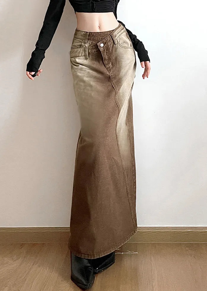 Light Brown Asymmetrical Side Open Denim Skirt Fall