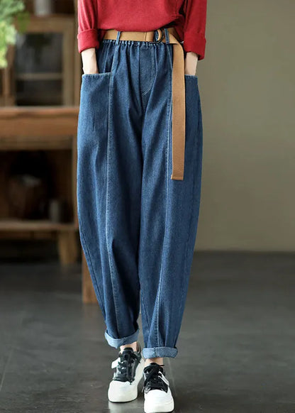 Brief Blue Elastic Waist Pockets Harem Pants Spring