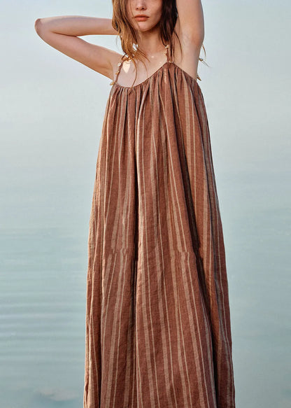 Striped Coffee O Neck Shell Pockets Linen Spaghetti Strap Dress Sleeveless