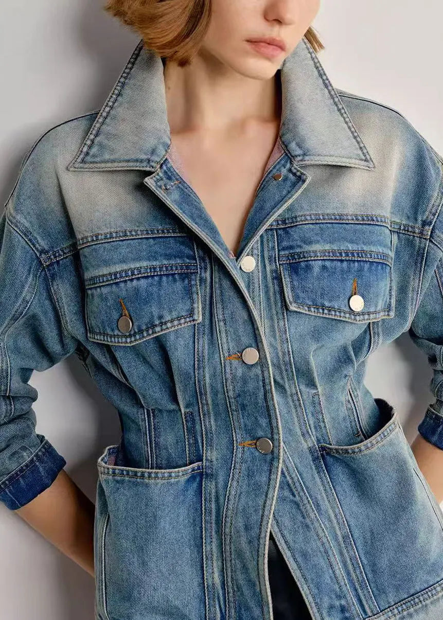 Italian Gradient Color Peter Pan Collar With Pockets Denim Coats Fall