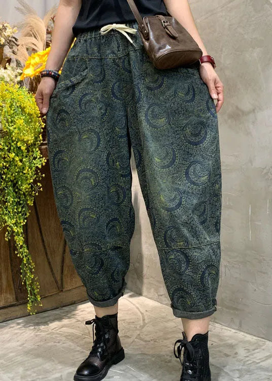 Handmade Blue High Waist Print Denim Pants Spring