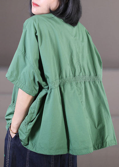 Green Cotton Loose Sweatshirt Top Asymmetrical Design Elastic Wrinkled Short Sleeve