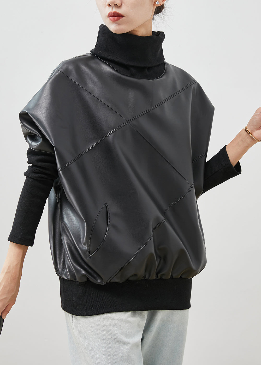 Black Turtle Neck Patchwork Sheepskin Sweatshirt Spring