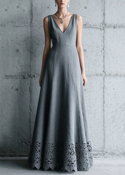 Charcoal Grey V Neck Patchwork Cotton Long Dress Summer