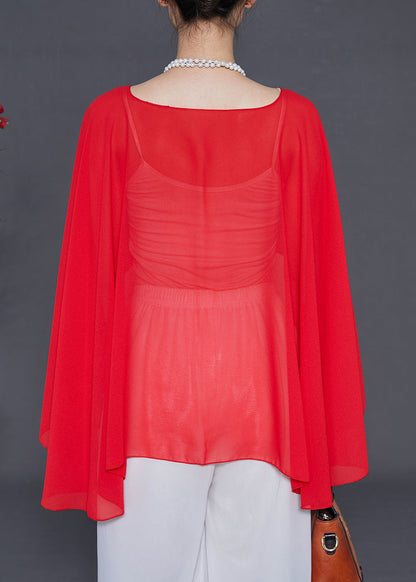 Red Asymmetrical Design Chiffon Tops Summer
