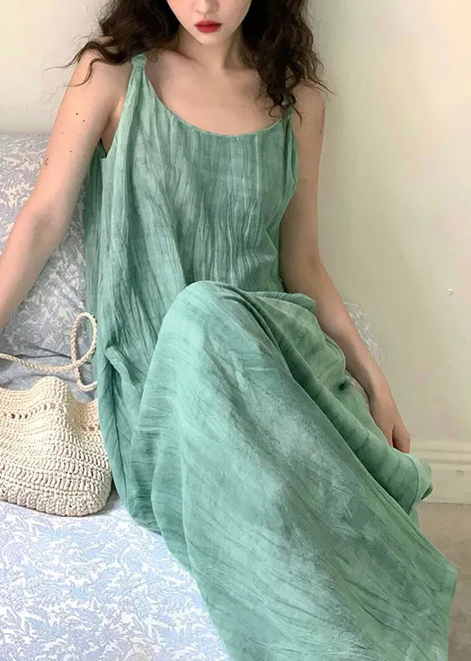 Green U Neck Wrinkled Linen Long Dress Sleeveless
