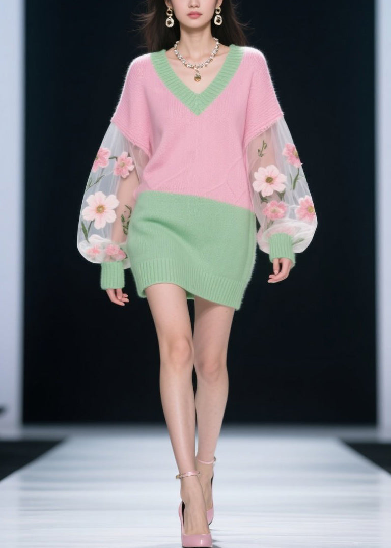 Colorblock V Neck Tulle Patchwork Knit Dress Fall