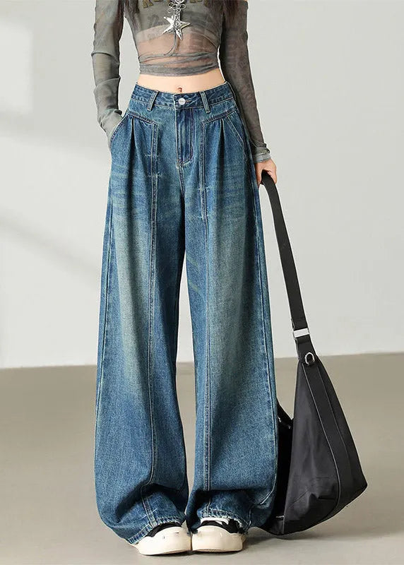 Blue Pockets Patchwork Wide Leg Jeans Spring