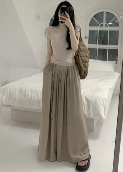 Khaki Silm Fit Tops and Wide Leg Pants Two Pieces Set Summer