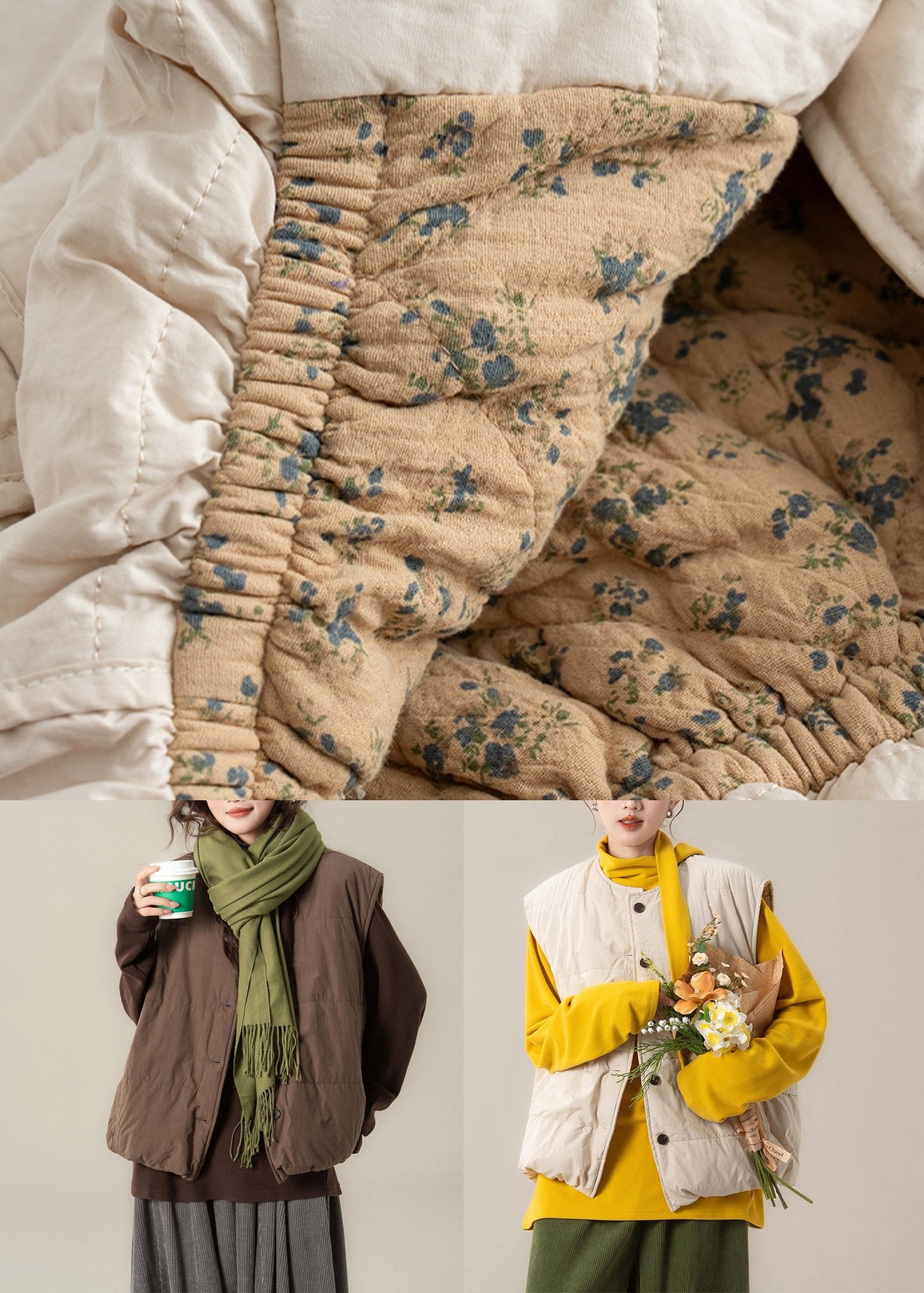 Apricot Button Cotton Filled Waistcoat and Yellow T Shirt Two Pieces Set O Neck