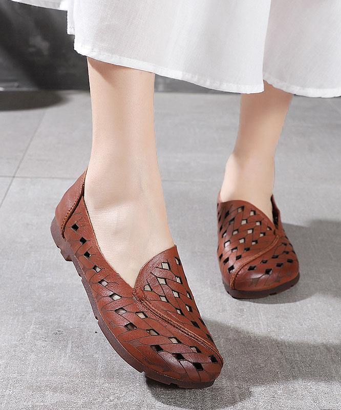 Hollow Out Flat Feet Shoes Khaki Cowhide Leather Embossed Flats Shoes